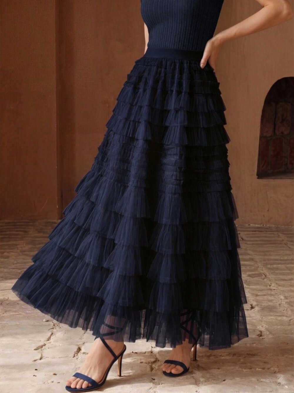 Navy Tulle Tiered Ruffle Maxi Skirt